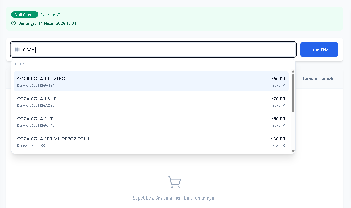 MarketPOS ürün arama ekranı